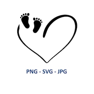 Puede incluir: Silueta en blanco y negro de dos huellas de pies de bebé dentro de una forma de corazón.