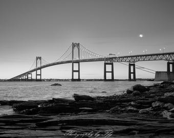 Stunning black and white photograph of the Crescent Moon at Dawn over the Newport Bridge, RI