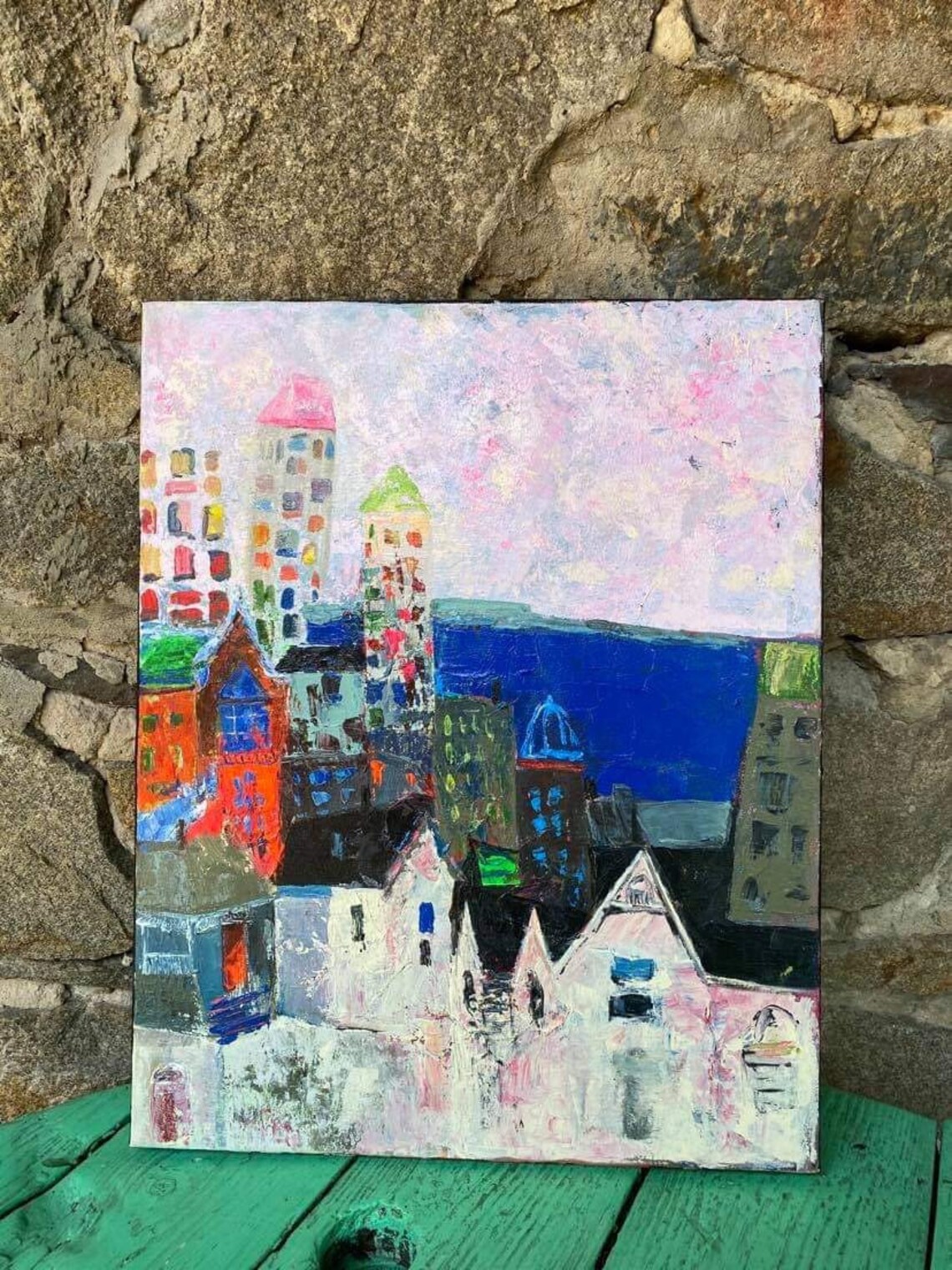 Acrylic painting with colored houses Abstract houses handmade Etsy