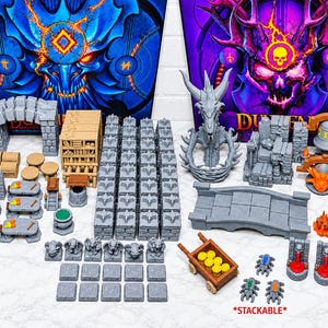 May include: A collection of gray and brown miniature dungeon terrain pieces including stone walls, arched doorways, a bridge, a wooden cart with gold coins, fire markers, and various fantasy-themed statues and furniture for tabletop gaming.