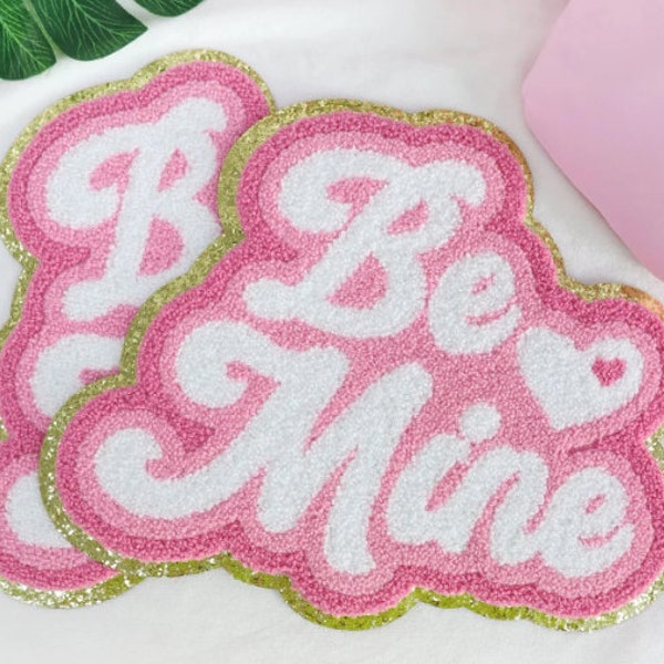 Be Mine Iron On Chenille Patches with Gold-Glitter Edging - Valentine's Day Love Chenille Patches - Heart Patches - Love Letter Patches