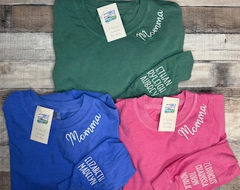 Custom Embroidered-Personalized Comfort Colors Long Sleeve Tee Neckline Embroidery-Garment Dyed Team, Group, Mama, Player One Sleeve Names