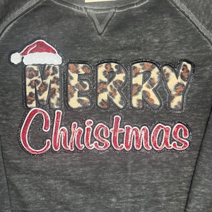Merry Christmas Leopard and Sequin Patch Vintage Zen Fleece Crewneck Sweatshirt Super Soft Christmas Gift / Birthday Gift/ Wicked Crewneck