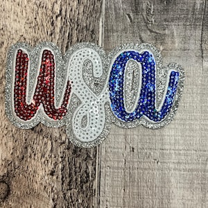 May include: USA spelled out in red, white, and blue sequins on a silver background.
