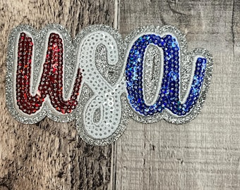Custom Red White Blue USA Sequin CAP Patch, 4th of July, Memorial Day Vibrant Patch Silver Glitter Backing, USA Sequin Cap Patch