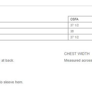 May include: Product measurements table with the following dimensions: Body Length at Back 37 1/2 inches, Chest Width 30 inches, and Sleeve Length from Center Back 37 1/2 inches. The table also includes measurement definitions.