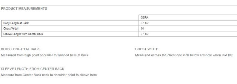 May include: Product measurements table with the following dimensions: Body Length at Back 37 1/2 inches, Chest Width 30 inches, and Sleeve Length from Center Back 37 1/2 inches. The table also includes measurement definitions.