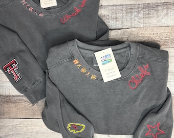 Football Vintage Custom Name Embroidered Hand Distressed Crew Neck Sweatshirt  Comfort Colors, College/School/ Hand & Embroidered Collar