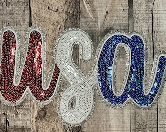 Custom Red White Blue USA Sequin Patch, 4th of July, Memorial Day Vibrant Patch Silver Glitter Backing, Party Shirt,  Sequin Bow Patch,  USA