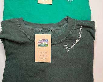 Custom Embroidered-Personalized Comfort Colors Long Sleeve T Shirt-Neckline Embroidery-Garment Dyed TShirt Team, Group, Mama, Player