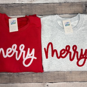 FLOFFIG Merry Stryk-på-lapp med tröja, julpaljettlapp, Merry-tröja, Merry-rundkrage, julpaljettlapp med vibrerande röd Merry-motiv