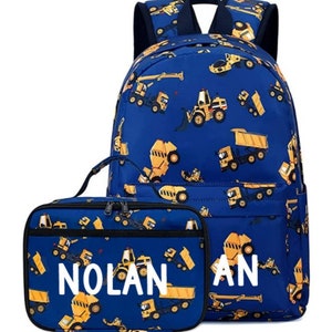Cartable à dos personnalisé pour garçons, camions de construction // Sac à dos et boîte à lunch personnalisés pour enfant // Rentrée scolaire