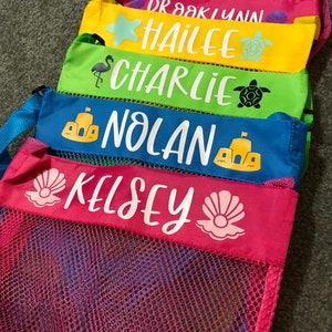 Custom Mesh Beach Shell Bag // Kid&#39;s Personalized Beach Bag // Shell Collection Bag // Birthday Gift // Party Favor