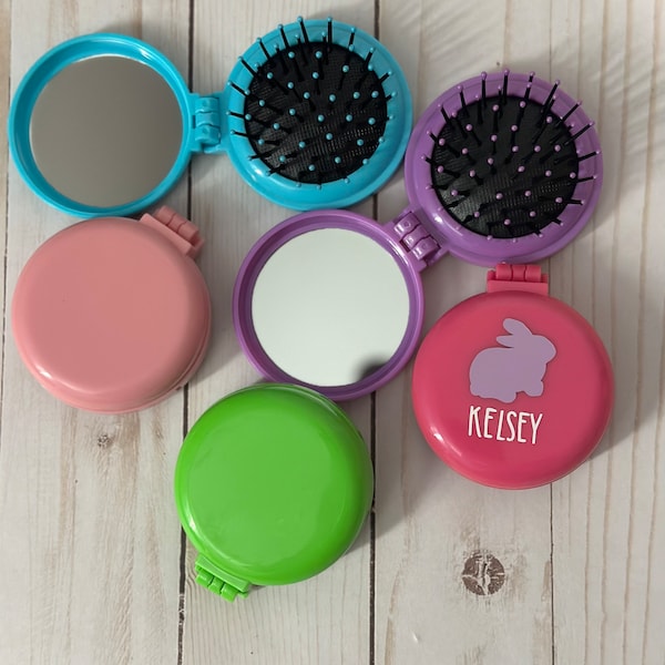 Custom Personalized Round Compact Flip Mini Portable Brush Mirror // Girl's Stocking Stuffer // Christmas Gift