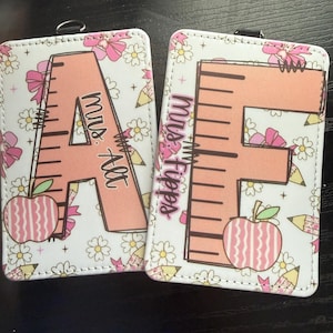 Personalized Leather Badge Holder for Teacher, Bows, Apple, Ruler, Pencils Gift Present, Party Favor, Teacher Appreciation Gift