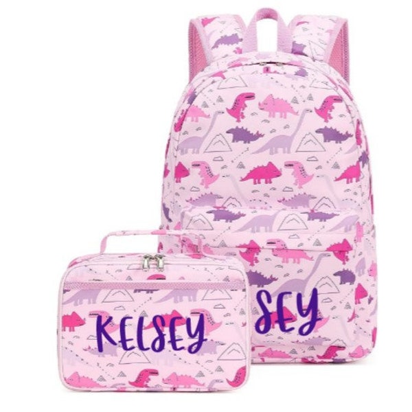 Custom Pink Purple Dinosaur Girls Backpack Bookbag // Kid's Personalized Backpack and Lunchbox // Back to School