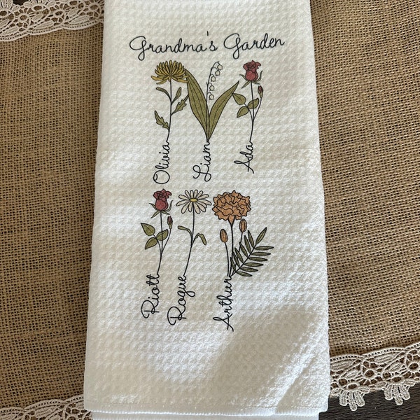 Custom Personalized Birth Month Flower Kitchen Towel // Microfiber Waffle Weave Hand Kitchen Tea Towel  // Grandma Mom Nana // Mother's Day