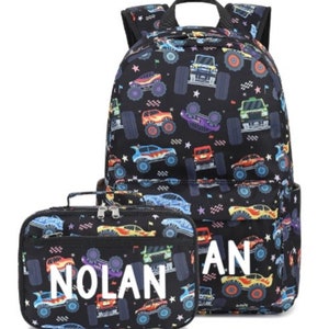 Sac à dos personnalisé Monster Trucks Racing pour garçons // Sac à dos et boîte à lunch personnalisés pour enfants // Rentrée scolaire