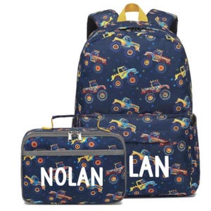 Custom Monster Trucks Racing Boys Backpack Bookbag // Kid&#39;s Personalized Backpack and Lunchbox // Back to School