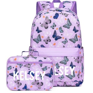 Cartable sac à dos personnalisé papillon violet pour filles//sac à dos et boîte à lunch personnalisés pour enfant//rentrée scolaire