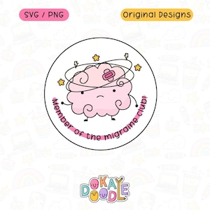 May include: A pink cartoon brain with a bandage on its head, surrounded by a swirling black line and yellow stars. The brain has a sad expression and is labelled "Member of the migraine club!"