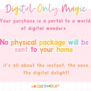 K&ouml;nnte beinhalten: Eine rosa und wei&szlig;e digitale Download-Ank&uuml;ndigung mit dem Text "Digital Only Magic" in Regenbogenfarben. Der Text lautet: "Ihr Kauf ist ein Portal zu einer Welt digitaler Wunder. Es wird kein physisches Paket an Ihre Adresse geschickt. Es geht um die sofortige Verf&uuml;gbarkeit, die Einfachheit und den digitalen Genuss! *Kay DOODLE*"