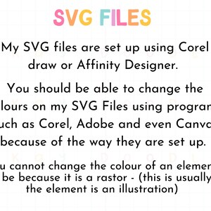 May include: Text on a white grid background with a colorful "SVG FILES" title. The text explains that SVG files are set up using Corel Draw or Affinity Designer and can be edited in programs like Corel, Adobe, and Canva. It also mentions that if an element cannot be changed, it is likely a raster image.