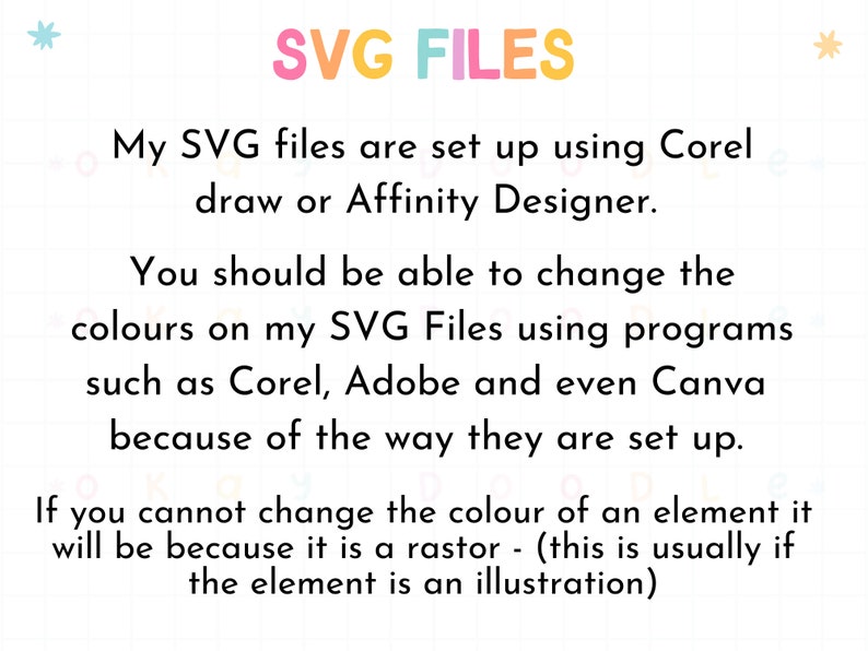 May include: Text on a white grid background with a colorful "SVG FILES" title. The text explains that SVG files are set up using Corel Draw or Affinity Designer and can be edited in programs like Corel, Adobe, and Canva. It also mentions that if an element cannot be changed, it is likely a raster image.