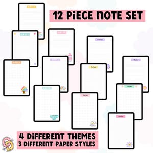 Conjunto de 12 notas digitais | Papel de nota digital fofo | Download em PDF
