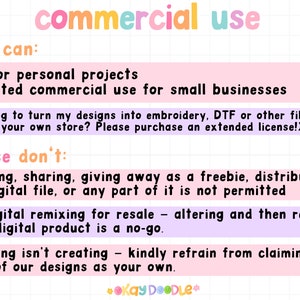 K&ouml;nnte beinhalten: Eine rosa und violette Grafik mit dem Text "commercial use" in Regenbogenfarben. Der Text "You can:" wird von einer Liste der erlaubten Verwendungen des Designs gefolgt, darunter pers&ouml;nliche Projekte und unbegrenzte kommerzielle Nutzung f&uuml;r kleine Unternehmen. Der Text "Please don't:" wird von einer Liste der verbotenen Verwendungen gefolgt, darunter der Weiterverkauf, das Teilen, das Verschenken als Werbegeschenk, die Verbreitung der digitalen Datei oder eines Teils davon. Der Text besagt auch, dass kein digitales Remixing f&uuml;r den Weiterverkauf erlaubt ist und dass die Behauptung, das Design sei Ihr eigenes, verboten ist.
