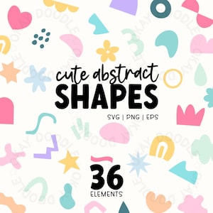 Könnte beinhalten: Ein Design mit 36 niedlichen abstrakten Formen in verschiedenen Farben, darunter Rosa, Gelb und Blau. Das Bild zeigt Herzen, Sterne und florale Elemente. Der Text lautet "cute abstract SHAPES" und "36 ELEMENTS".