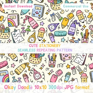 May include: A seamless repeating pattern featuring cute stationery items drawn in a doodle style. The pattern includes pencils, rulers, erasers, glue, scissors, and other school supplies. The background is a light yellow colour with stars and other decorative elements.