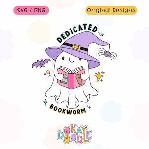 ute hand drawn ghost with a witches hat on reading a spooky book the words "dedicated bookworm" around it.