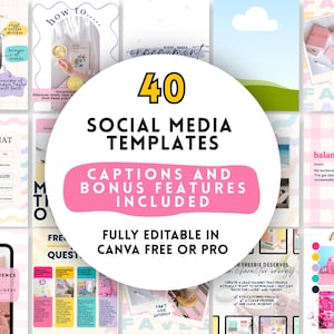Può includere: Una raccolta di 40 modelli di social media con didascalie e funzionalità bonus, completamente modificabili in Canva. L'immagine presenta vari modelli con schemi di colori rosa, blu e bianco, con testo come "This or That" e "Finish the Sentence".