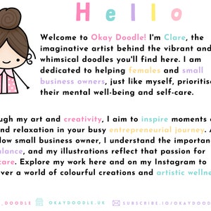 K&ouml;nnte beinhalten: Eine Cartoon-Illustration einer Frau mit braunen Haaren und einem rosa Hemd. Der Text lautet: "Hallo, Willkommen bei Okay Doodle! Ich bin Clare, die imaginative K&uuml;nstlerin hinter den lebendigen und skurrilen Kritzeleien, die du hier findest. Ich widme mich der Unterst&uuml;tzung von Frauen und Kleinunternehmern, genau wie ich selbst, um ihr mentales Wohlbefinden und ihre Selbstf&uuml;rsorge zu priorisieren. Durch meine Kunst und Kreativit&auml;t m&ouml;chte ich Momente der Freude und Entspannung in deinem gesch&auml;ftigen unternehmerischen Weg inspirieren. Als Kleinunternehmerin verstehe ich die Bedeutung von Ausgeglichenheit, und meine Illustrationen spiegeln diese Leidenschaft f&uuml;r Selbstf&uuml;rsorge wider. Entdecke meine Arbeit hier und auf meinem Instagram, um eine Welt voller farbenfroher Kreationen und k&uuml;nstlerischen Wohlbefindens zu entdecken. @OKAY_DOODLE OKAYDOODLE.UK SUBSCRIBE.IO/OKAYDOODLE"