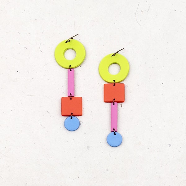 Asymmetrical, playful, and colorful statement polymer clay earrings with stacked geometric shapes // Collection: Geo Lolli (Palette 3)