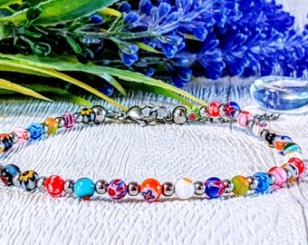 Millefiori glass beaded anklet,  stainless steel beads & lobster clasp.  Gift for her, gift for sister, gift for wife, gift for girlfriend