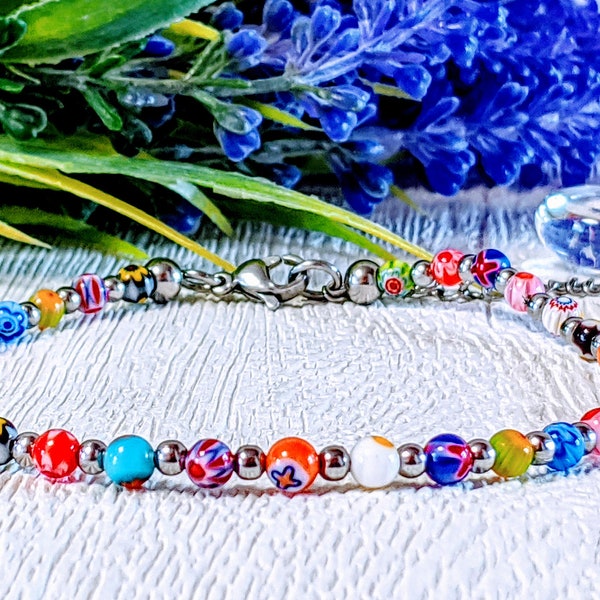 Millefiori glass beaded anklet,  stainless steel beads & lobster clasp.  Gift for her, gift for sister, gift for wife, gift for girlfriend