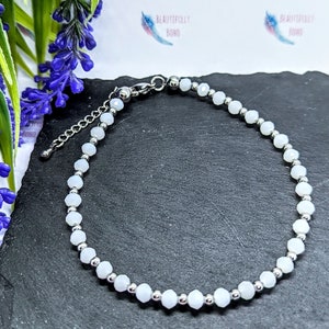 White & stainless steel beaded anklet. Gift, gift for her, gift for girlfriend, women's, trending, statement piece, children's, beach