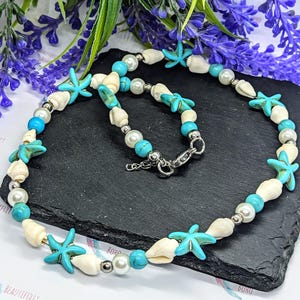 Gorgeous beach collar necklace with shells, faux pearls & Starfish.  |Trending| Turquoise|  Stainless steel| Women&#39;s| Summer| Boho |Handmade
