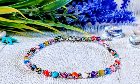 Millefiori Glass Beaded Anklet, Stainless Steel Beads & Lobster Clasp. Gift  for Her, Gift for Sister, Gift for Wife, Gift for Girlfriend - Etsy