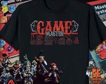 May include: Black t-shirt featuring a red and white graphic that reads "GAME MASTER" with a red and white dungeon map design. The graphic has a distressed, vintage look. The t-shirt is 5E compatible.