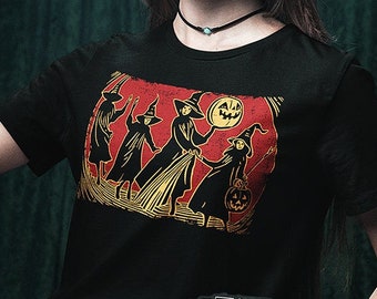 Dancing Witches Halloween T-Shirt | Vintage Woodcut Style Artwork Fall Solstice Tee // USA Free Shipping - ( Kryptic • Society )