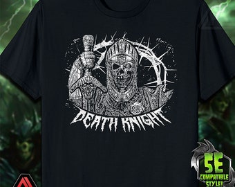 May include: Black t-shirt with a white graphic of a skeletal knight holding a sword and a shield. The graphic is surrounded by thorns and the text "DEATH KNIGHT" is printed below the image.