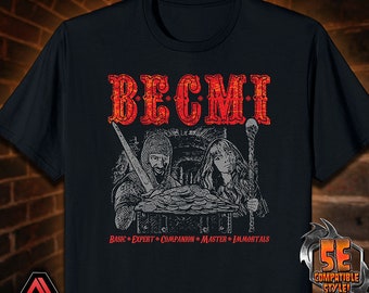 May include: Black t-shirt with a red and white graphic of a fantasy game character with the text "BECMI" and "BASIC EXPERT COMPANION MASTER IMMORTALS". The shirt also has a 5E compatible style logo.
