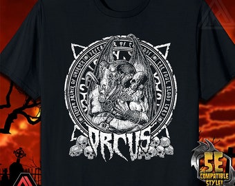 May include: Black t-shirt with a white graphic of a demon prince with wings and the text "Orcus" in a gothic font. The graphic is surrounded by a circle with text in a gothic font.