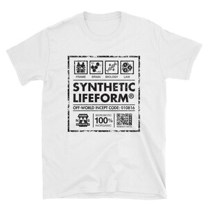 May include: White t-shirt featuring a black and white graphic of a label that reads "Synthetic Lifeform&reg;" with the text "Off-World Incept Code: 010816" and a QR code.