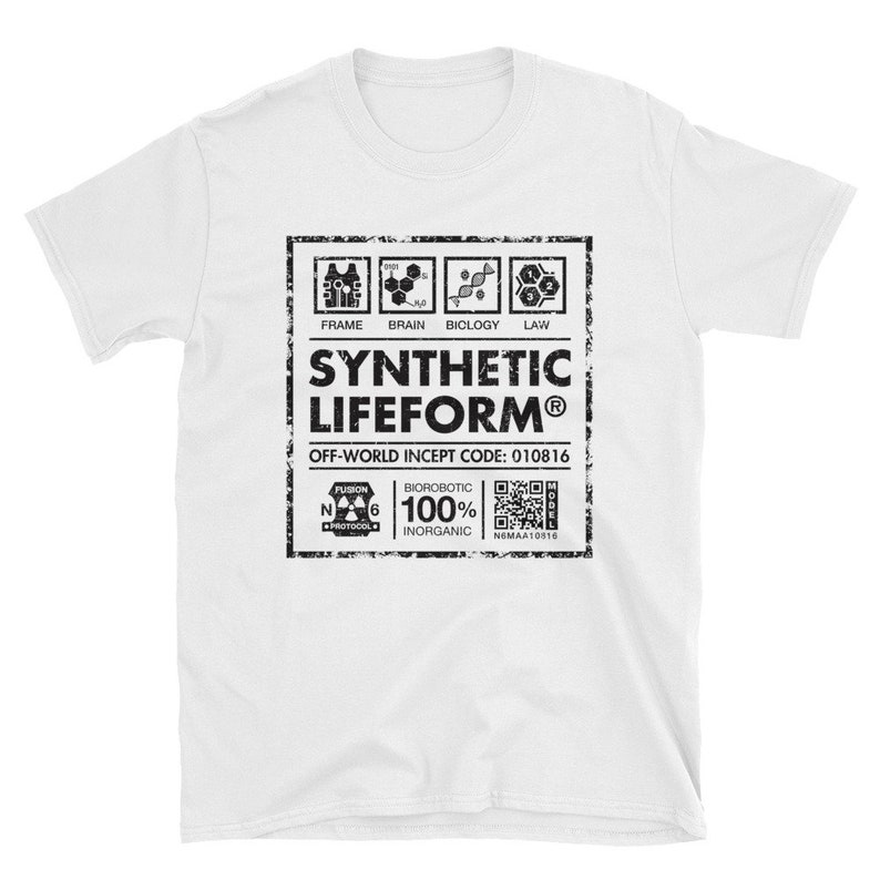 May include: White t-shirt featuring a black and white graphic of a label that reads "Synthetic Lifeform&reg;" with the text "Off-World Incept Code: 010816" and a QR code.