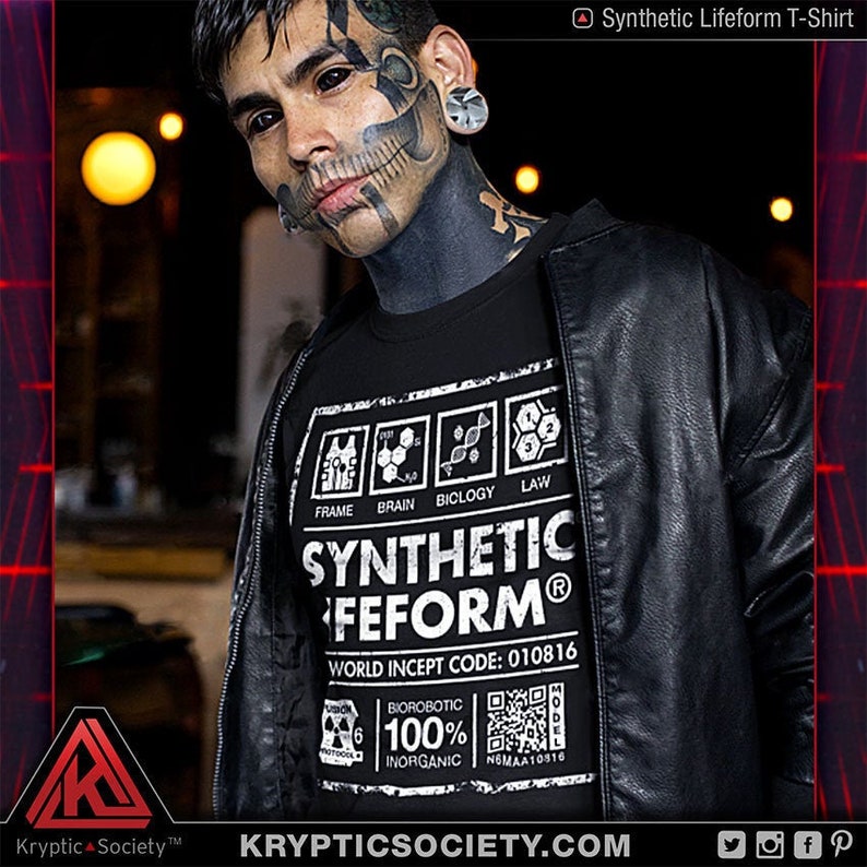 May include: Black t-shirt with a white graphic design that says "Synthetic Lifeform" and includes a barcode and the text "World Incept Code: 010816".