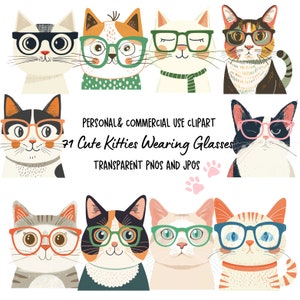 Cute Cats Kitties Wearing Glasses Clipart|71 High-Quality PNG and JPG| Sublimation, Wall Art, Junk journal, Digital Download|Commercial Use